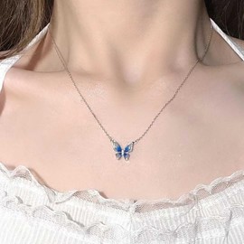 Erimberate Bohemian Crystal Butterfly Choker Necklace Blue Enamel Butterfly Necklace Silver Butterfly Pendant Necklace Tiny Blue Butterfly Chain Necklace Jewelry for Women Gifts