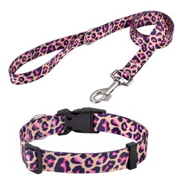 Mihqy Dog Collar and Leash Set with Bohemia Floral Tribal Geometric Patterns - Soft Ethnic Style Collar Adjustable for Small Medium Large Dogs(Pink Leopard Set,S)