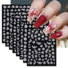 8Sheets Flower Nail Art Stickers White Flowers Nail Decals Stickers 3D Self Adhesive Blooming Floral Nail Supplies 5 Petals Spring Summer Nail Accessories for Women Fingernails Acrylic Nails Decor