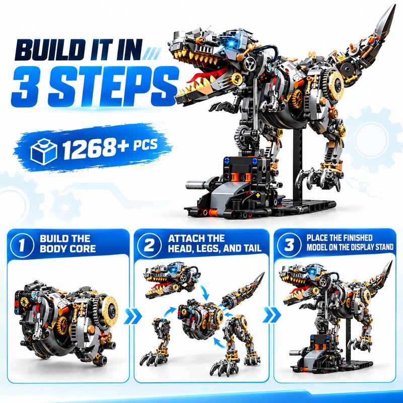 Mechanical T-Rex Dinosaur Building Blocks for DIY Model Building –
