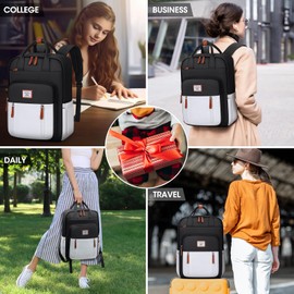 RAINSMORE Backpack for Women 15.6 Inch Laptop Backpack Work Travel Backpack Waterproof Business Backpacks Purse Large Capacity College Bookbag Nurse Bag Casual Computer Backpack, Black-White