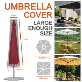 Funshot Garden Parasol Cover 170x25x35cm, Patio Umbrella Covers 420D Oxford Fabric Waterproof with Heavy-duty Zip and Adjustable Drawstring Cord at Bottom, Black