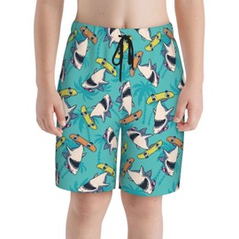 Surf Whale Shark Ocean Nautical Skateboard Palm Boys Board Shorts, Beach Swimwear, Swim Shorts Trunks, Swimming Pants for Teens Boy