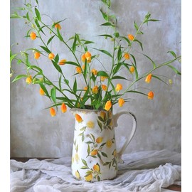 Vintage Lemon Ceramic Vase with Handle, Retro Ice Glazed Crack Farmhouse Pitcher Vase for Home Decor, Living Room, Shelf, Office, Rustic Table Centerpiece 9 Inch