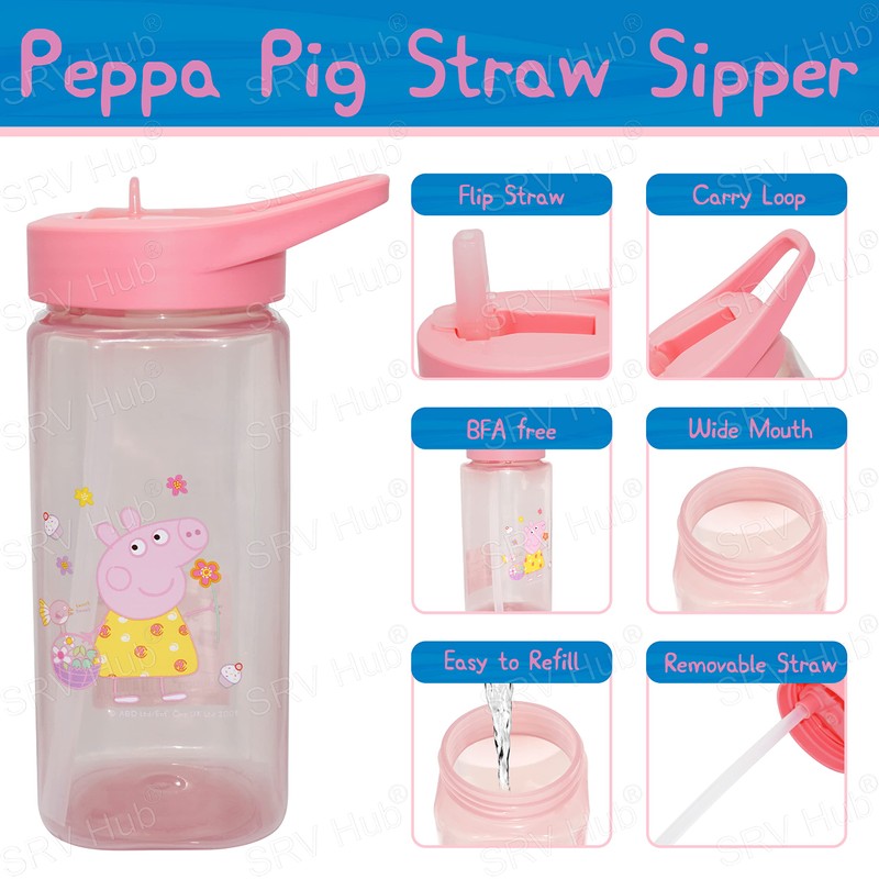 Pepa Pig Straw Water Bottle, 420 ml, Square Plastic Water