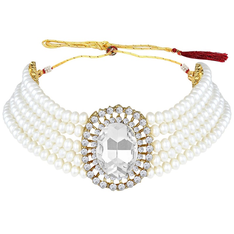 Aheli Kundan Pearl Choker Multi Layered Beaded Collar Aretes Set
