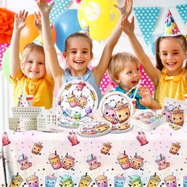 Boba Tea Party Decorations,Bubble Tea Birthday Vajilla Decoración Boba Tea Plate Servilletas Mantel para decoración de fiesta de cumpleaños Boba