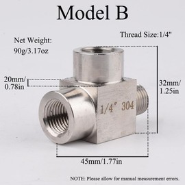 1/4 Inch T-Piece Connection, 3-Way Tee Connection Coupling Made of Stainless Steel for Drinking Water Sanitary (Female x Female x Female x Male Thread)
