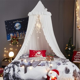 HUOQOU Bed Canopy for Girls Princess Round Dome Children Dreaming Mosquito Net Bed Linen Girls Room Castle Play Tent Hanging House Decor Reading Corner Canopy (White)