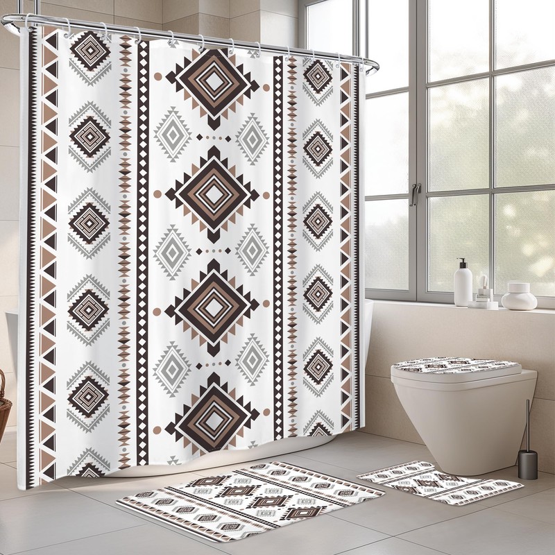 4PCS Western Aztec Shower Curtain Set Abstract Bathroom Set with
