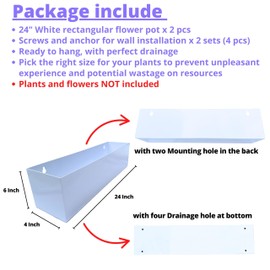 LaLaGreen Wall Planter (24 Inch, 2 Pack) Carbon Steel White Metal Hanging Flower Pot for Succulents, Wall Mount Rectangular Window Sill Box Fence Floating Garden Shelf for Deck Indoor Outdoor Decor