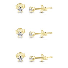 DTPsilver - 3 Pairs of Tiny / Small Earrings 925 Sterling Silver Yellow Gold-Plated with Cubic Zirconia Round Stud Earrings - Diameter 2, 3, 4, 5 mm - Same or Mix Size - White/Clear CZ, Sterling