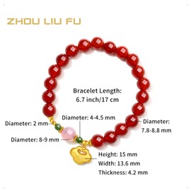 ZHOU LIU FU Agate Bracelet Beaded Stretch Bracelets with Good Lock Charm Silver Natural Gemstone Healing Bracelet Red Agate & Pink Agate Accessory for Women