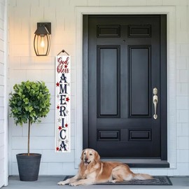 9.25x72" God Bless America Wooden Porch Sign For Front Door – Rustic Farmhouse Patriotic Wall Art Decor with Red, White Stars, Indoor Outdoor Wood Hanging Decor for Fourth of July, Front Porch, Patio, Entryway, Faith & Country Inspired Home Décor