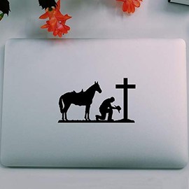 Cowboy Praying at Cross Horse Vinyl Decal Sticker | Cars Trucks Vans SUVs Walls Cups Laptops | 5.5 Inch Decal | Black | KCD2983B