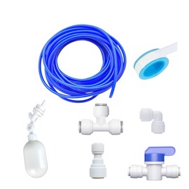 1/4 inch Tube Float Valve Kit for RO Water Reverse Osmosis System water filter ball float valve Water Float Ball Valve （ 4 connectors + 1 PTEF tape + 15 feet Blue Hose Tube)
