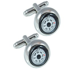COLLAR AND CUFFS LONDON - PREMIUM Cufflinks with PRESENTATION GIFT BOX - Mini Magnetic Compass - Brass - White Round Face - Fully Rotating Compass - Silver Coloured Exterior