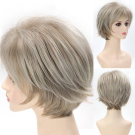 SEVENCOLORS Ash Blonde Short Wigs for White Women Blonde Pixie Cut Wigs with Bangs Synthetic Short Hair Wig with Highlights