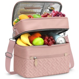 Capolo Lunch Box for Women Men Adults,Double Deck Insulated Lunch Bag Leakproof Lunch Cooler Box with Removable Strap Lunch Tote Bags Reusable Thermal Lunchbox for School Work Picnic(Large,Pink)