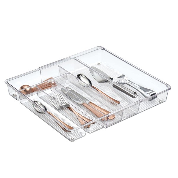 mDesign Adjustable, Expandable Plastic Kitchen Cabinet Drawer Storage Organizer Tray - for Storing Organizing Cutlery, Spoons, Cooking Utensils, Gadgets - 2" High - Clear