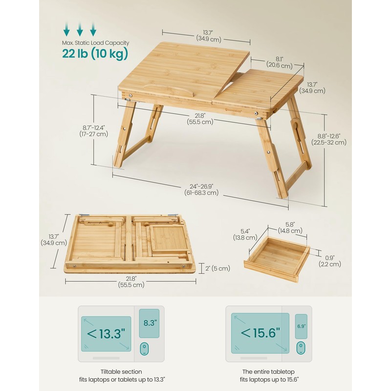 SONGMICS Bed Laptop Desk, Folding Bed Tray for Laptop up