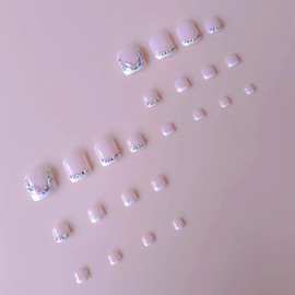 24Pcs Short Press on Toenails Square Fake Toenails with Rhinestones Design White French Tip Stick on Toenails Full Cover Shine Gem False Toenails Reusable Nude Pink Acrylic Toenails for Women Manicure