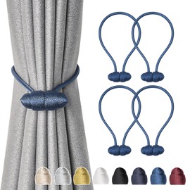 Pretty Jolly 4 Pack Magnetic Curtain Tiebacks 16 Inch Handmade Weave Rope Curtain Holdbacks Modern Elegant Decorative Curtain Drape Tie Backs for Home and Office Window Drapery (Navy)