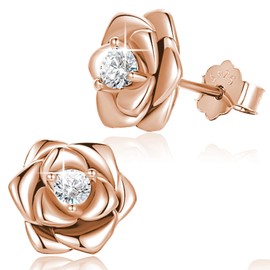 Rose Flower Stud Earrings for Women, Sterling Silver Post 18K Gold Plated 3D Realistic Rose Earrings Hypoallergenic Earrings Jewelry