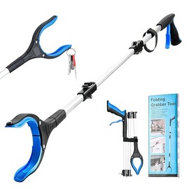 Herramienta de agarre extra larga de 43 pulgadas, herramienta de recogida plegable con fuerte agarre magnético, mandíbula antideslizante giratoria de 360°, agarradores para personas mayores para exteriores e interiores (azul)