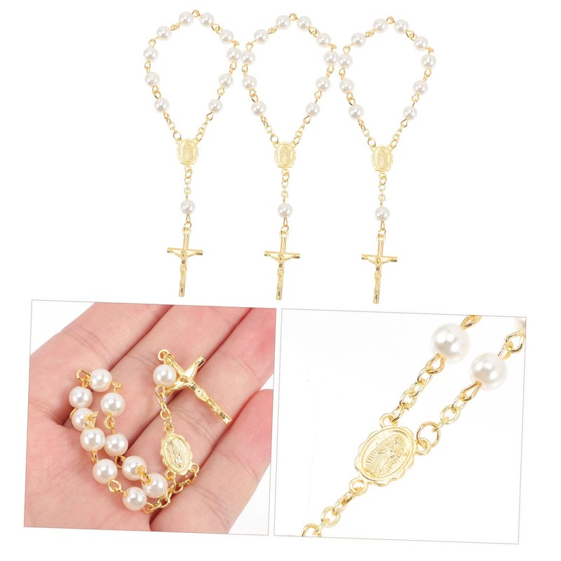 KOMBIUDA Cross Pendant Bracelet Rosary Beads Faux Pearl Baptism Present