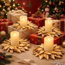 4 Pcs Christmas Artificial Gold Bay Leaf Candle Rings Gold Bayleaf Candleholders Wreath for Pillar Candles 3.9 Inch Candles Holder for Christmas Rustic Table Centerpiece Decor (3.9 Inch)