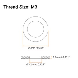 sourcing map 100Pcs M3 Flat Washer, 316 Stainless Steel 3.2mm ID x 9mm OD x 0.8mm Thick for Bolt Screw, Factories Repair, Kitchens, Shops, and Outdoor Construction, Silver