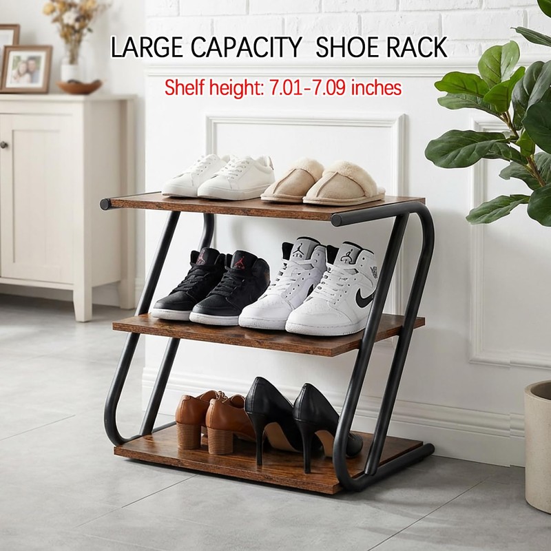 RUNJIMY 3-Tier Shoe Rack, Rustic Wood Look Shoe Organizer with