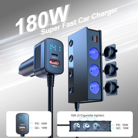 Enisina 180W Zigarettenanzünder Verteiler Adapter, USB C PD 30W Schnellladung, 3 Fach Stecker Ladekabel Splitter mit Spannungsanzeige, 4 USB-A & 3 Steckdosen für Auto/LKW/RV