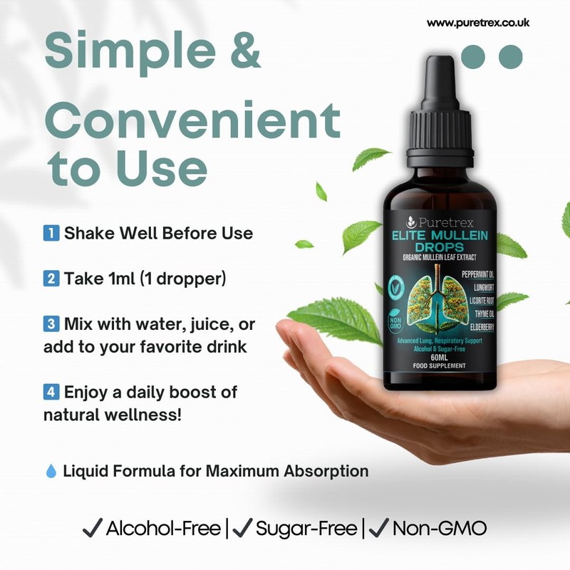 Puretrex Puretrex Elite Mullein Drops, Organic Mullein Leaf Extract, 60ml,