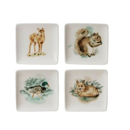Creative Co-Op Stoneware Plate with Animal and Floral Edge, Multicolor, Set of 4