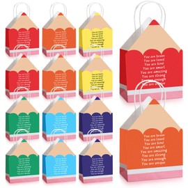 Sweetude 12 Pcs Back to School Students Gifts, Pencil Shaped Paper Bags with Handles Bulk, Students Colorful Gifts Bags for First Day of School Classroom Party Decorations