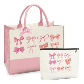 Coquette Bow Tote Bags 2-Pack - Cute Pink Canvas Reusable Bags for Makeup/Grocery, Preppy Aesthetic Gift Set for Women & Girls (Birthdays, Mother’s Day, Christmas)