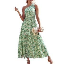 PRETTYGARDEN Women's Summer Floral Maxi Dress Knot One Shoulder Sleeveless Ruffle Flowy Boho Beach Wedding Guest Dresses(Green White,Small)