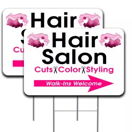 Hair Salon Arrow 2 Pack Double-Sided Yard Signs 16" x 24" with Metal Stakes (Mad