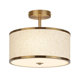 CALOKES 12.6 Inch Semi Flush Mount Ceiling Light, 3-Light Drum Lamp with Gold Brass Finish and Beige Shade, Ideal for Bedroom, Kitchen, Dining Room, Hallway, Entryway, and Foyer,