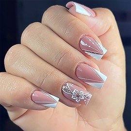 EYZOTSF Press on Nails Short Square Shaped Acrylic Extra Short Length Square False Nails with Designs Artificial Fake Nail with Charms Glue Stick ons Fingernails for Women Girls(JP3769)