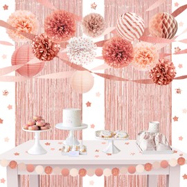 NICROLANDEE Wedding Decorations, Pack of 22 Rose Gold Foil Fringe Curtain Streamers Paper Lanterns Tissue Paper Pompoms for Bridal Showers, Valentine's Day, Girls and Women Pink Birthday Party