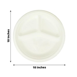 50 White 10 in Round 3 Compartment Sustainable Bagasse Disposable Dinner Plates Party Events Home Decorations Supplies