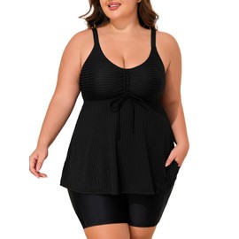 Summer Mae Ribbed Plus Size Swimsuit Women Tankini Two Piece Bathing Suit with Pockets Capris Short Tummy Control Swimwear Black 18 Plus