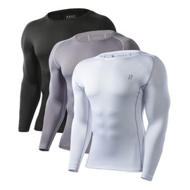 Runhit 3 Pack Compression Shirts for Men Long Sleeve UPF 50+ Athletic Workout T-Shirts Sports Thermal Base Layer Undershirt Top 2XL Black/White/Gray