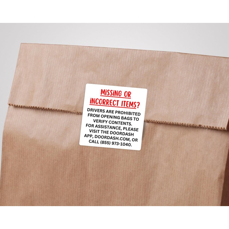 100 DoorDash Missing Items Stickers, Dasher Bag Labels for Customers,