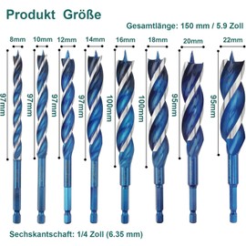 KEWAYO 8-Piece Woodworking Drill Bit Set, 8-22 mm Three-Slot Four-Edge Drill Bit, 1/4 Inch Hex Shank Woodworking Twist Drill Bit for Door Lock Wood Slot Tool