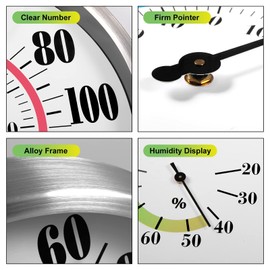 12" Outdoor Thermometer Large Numbers - Decorative Outdoor Thermometers for Patio, Wall Thermometer Hygrometer with Stainless Steel Enclosure, Battery Free Indoor Outdoor Thermometer Hanging