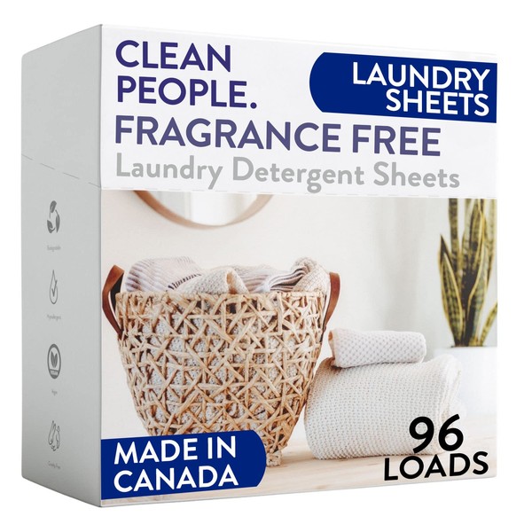 Clean People Fragrance Free Laundry Detergent Sheets - Plant-Based, Hypoallergenic Laundry Soap - Ultra Concentrated, Plastic Free, Recyclable Packaging, Stain Fighting - Fragrance Free, 96 Pack